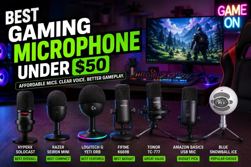 Best gaming microphone under $50 on a PC gaming desk with RGB keyboard and headset