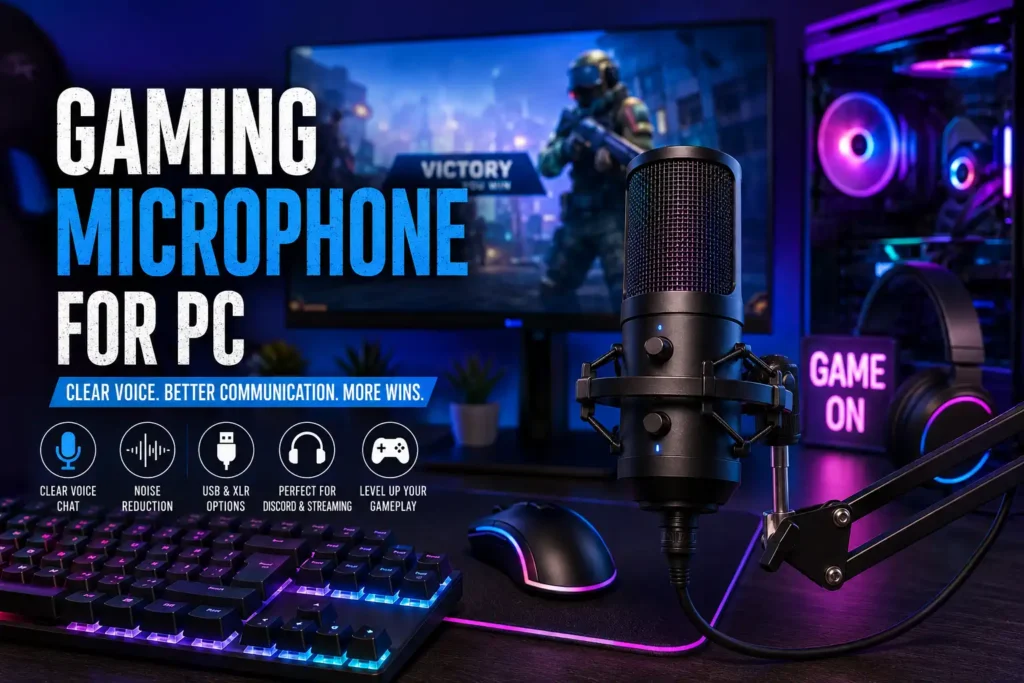 Gaming microphone for PC setup with RGB keyboard, gaming monitor, and streaming equipment